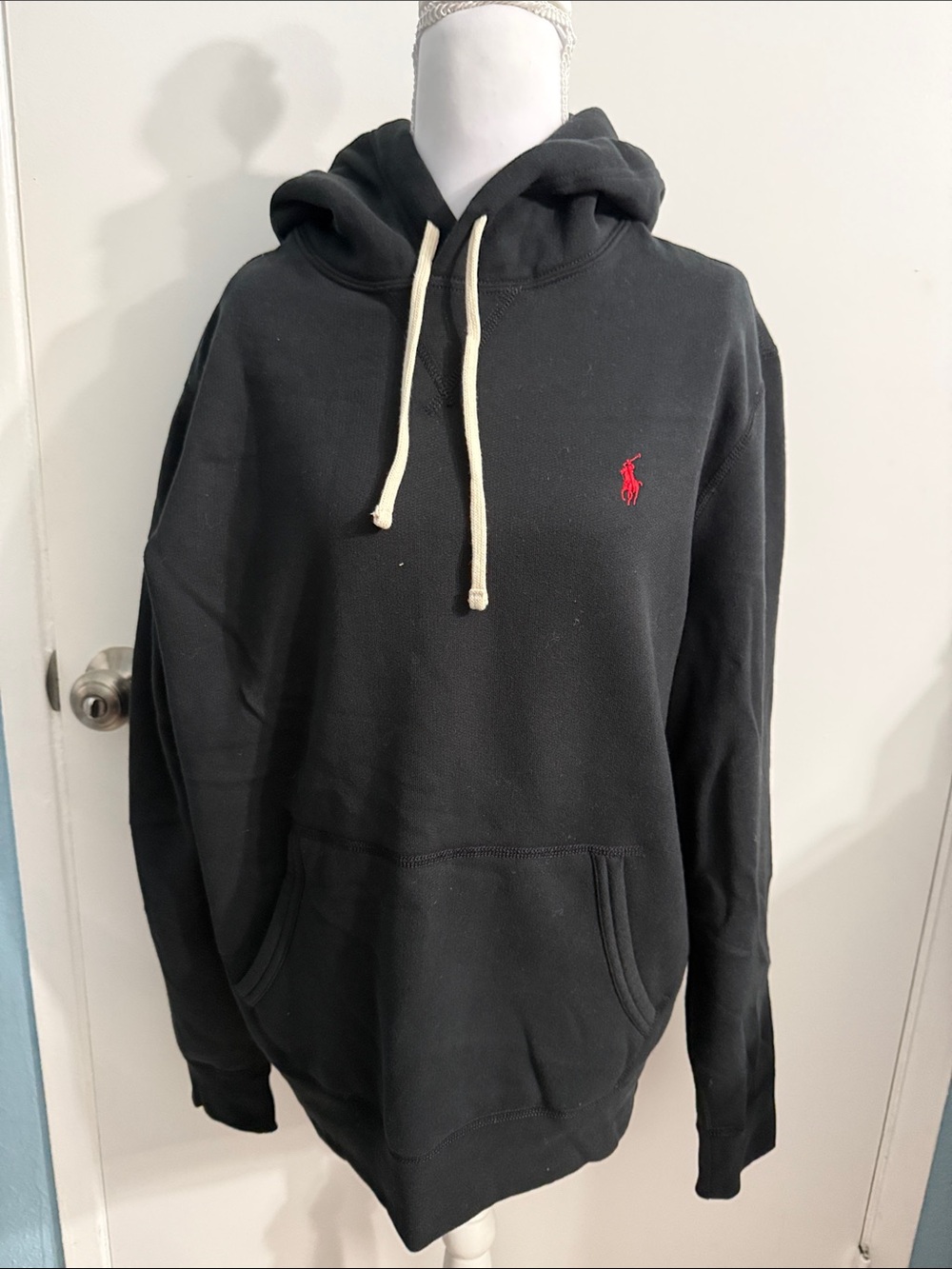 Polo by Ralph Lauren Black Hoodie with Red Pony and Cream Drawstrings
